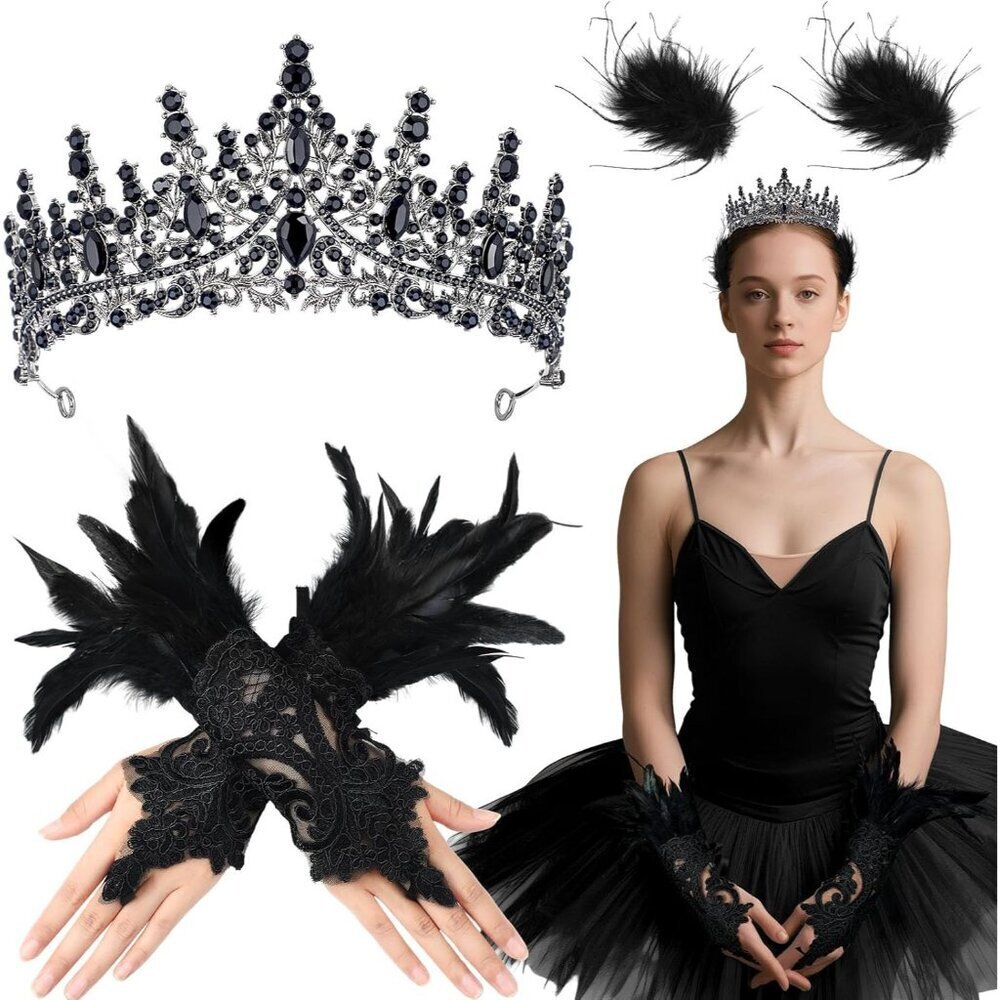Black Swan Costume Accessories Set Feathers Gloves Crown for Women Prom Hallowee